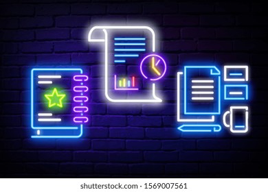 Office accessories neon light icons set. Business supplies glowing signs. Corporate work attributes, worker tools vector isolated illustrations. Working notepad, desk calendar