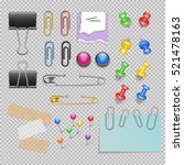 Office accessories set with pins and staples note paper and clips scotch and magnets isolated vector illustration