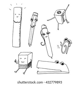 Office accessories set. Stationery items cartoon cute characters. Hand drawn vector stock illustration. Whiteboard drawing