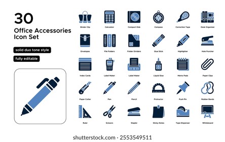 Office Accessories Solid Duo Tone Icon Set: Desk Organizers, Calendars, and Ergonomic Tools Icons