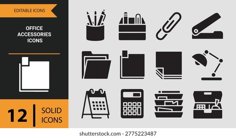 Office accessories solid icons collection including workplace essentials desk tools perfect for corporate branding and office related design