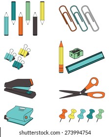 office accessories such as, paper clips, ruler, pencil sharpener, crayons, stapler, two wholes punch , pins, clams, scissors
