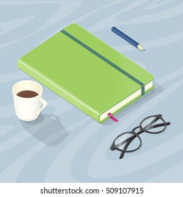 Office accessory set. Top view of desk with note book, glasses, pen and cup of coffee. Personal accessories of businessman. Flat design modern concept of creative office workplace. Vector illustration