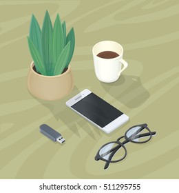 Office accessory set. Top view of desk with mobile phone, glasses, cup of coffee, plant, flash drive. Personal accessories. Flat design concept of creative office workplace. Vector illustration