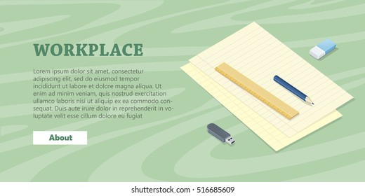 Office accessory set. Top view of desk with sheet of paper pencil ruler eraser flash drive. Personal accessories of businessman. Flat design concept of creative office workplace. Vector illustration