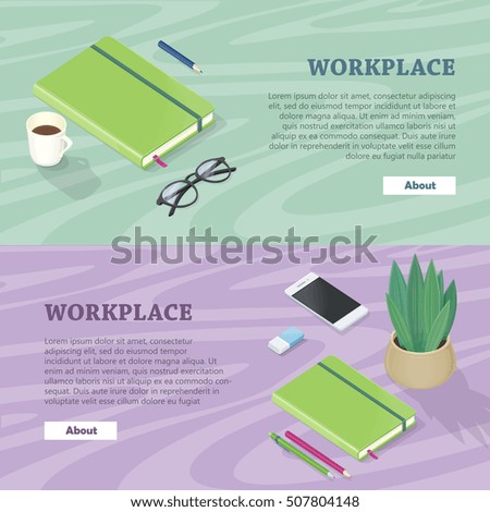 Office accessory set. Top view of desk with mobile phone, glasses, cup of coffee, plant, flash drive. Personal accessories. Flat design concept of creative office workplace. Vector illustration