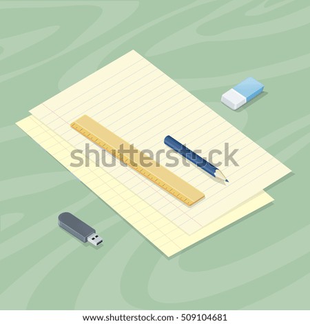 Office accessory set. Top view of desk with sheet of paper pencil ruler eraser flash drive. Personal accessories of businessman. Flat design concept of creative office workplace. Vector illustration