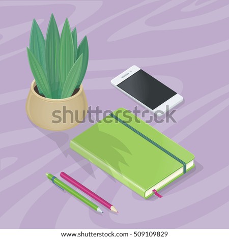 Office accessory set. Top view of desk with mobile phone, two pencils, plant in pot and note book. Personal business accessories. Flat design concept of creative office workplace. Vector illustration