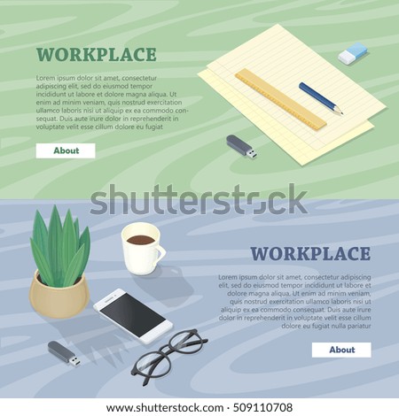 Office accessory set. Top view of desk with mobile phone, glasses, cup of coffee, plant, flash drive. Personal accessories. Flat design concept of creative office workplace. Vector illustration