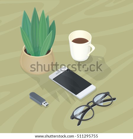 Office accessory set. Top view of desk with mobile phone, glasses, cup of coffee, plant, flash drive. Personal accessories. Flat design concept of creative office workplace. Vector illustration