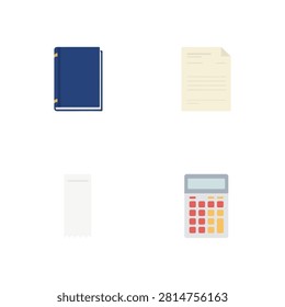 Office and accounting supplies set featuring a blue hardcover book, a document sheet, a paper receipt, and a digital calculator on white background