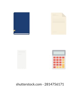 Office and accounting supplies set featuring a blue hardcover book, a document sheet, a paper receipt, and a digital calculator on white background