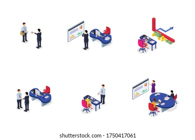 office activity inside company isometric set