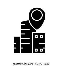 Office address black icon, concept illustration, vector flat symbol, glyph sign.