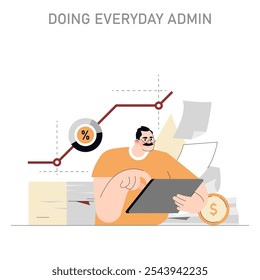 Office Administration concept. A professional manages tasks with digital efficiency amidst financial charts and paperwork. Vector illustration.