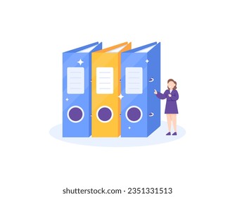 Office Administration staff concept. control document. a female employee checks the company files. Organize and manage corporate documents. do archiving. illustration design concept. vector elements