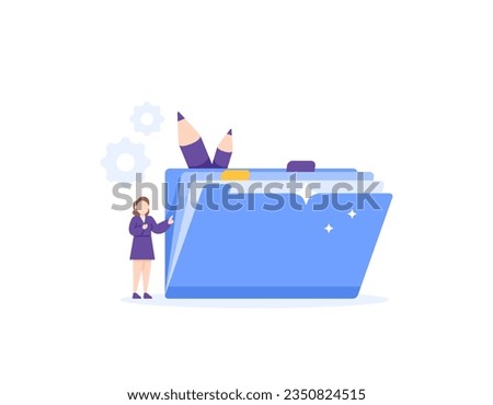 Office Administration staff concept. control document. an employee and some documents. Organize and manage corporate documents. do archiving. illustration design concept. vector elements