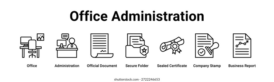 Office Administration Web-Banner-Symbol Vektorgrafik-Konzept für Unternehmen mit Symbol von Office, Administration, Offizielles Dokument, Sicherer Ordner, Versiegeltes Zertifikat, Firmenstempel.