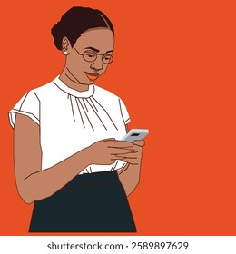 An office African American lady reading her mobile phone emails