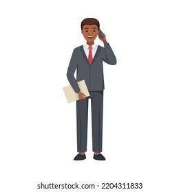 Office African American Man Character in Suit and Red Tie Standing and Speaking by Phone Vector Illustration