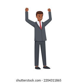 Office African American Man Character in Suit and Red Tie Standing and Cheering with Raised Hands Celebrating Success Vector Illustration