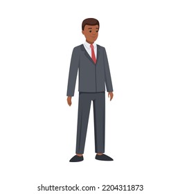 Office African American Man Character in Suit and Red Tie Standing and Smiling Vector Illustration