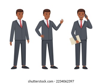 Office African American Man Character in Suit and Red Tie in Different Pose and Hand Gesture Vector Set