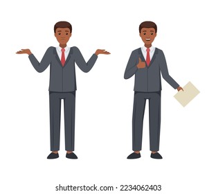 Office African American Man Character in Suit and Red Tie in Different Pose and Hand Gesture Vector Set