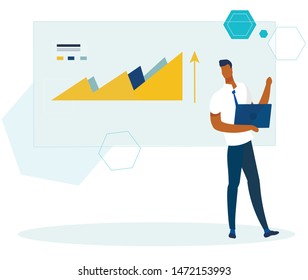 Office Analyst with Laptop Checks Financial Report. Businessman Cartoon Character Performing Data Analysis and Statistics in Graphs and Charts. Business, Profit and Income. Vector Flat Illustration