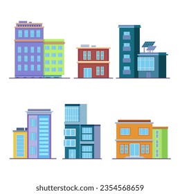 Montaje de ilustraciones vectoriales de edificios de oficinas y apartamentos. Edificios modernos de la ciudad con paneles de energía solar en el distrito de negocios. Arquitectura, paisaje urbano, concepto de construcción