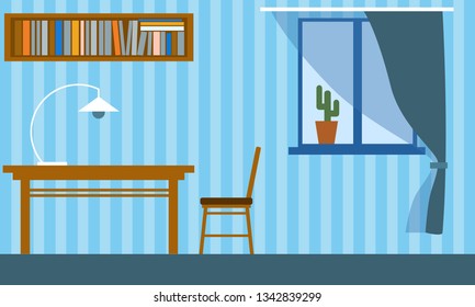 Office in the apartment with table, chair, bookshelf and window