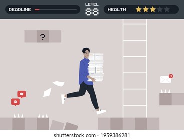Office arcade game, a young male Asian character running with a stack of paper documents, a project deadline concept