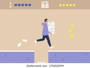 Office arcade video game, conceptual illustration, young male character running with a stack of paper