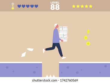 Office arcade video game, conceptual illustration, young male character running with a stack of paper