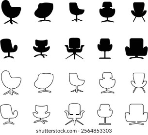 Office armchair icon set. Furniture for office Interior. Wireframe low poly mesh flat and line vector collection isolated on transparent background. Gaming chairs comfortable equipment for work