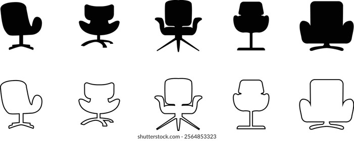 Office armchair icon set. Furniture for office Interior. Wireframe low poly mesh flat and line vector collection isolated on transparent background. Gaming chairs comfortable equipment for work
