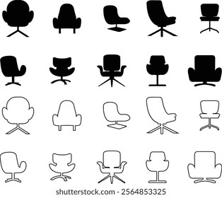 Office armchair icon set. Furniture for office Interior. Wireframe low poly mesh flat and line vector collection isolated on transparent background. Gaming chairs comfortable equipment for work