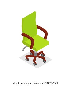 Office armchair isometric 3D icon. Empty seat for employee, green ergonomic armchair, furniture odject vector illustration.