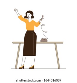 Office assistant using retro telephone. Woman calling someone to phone sitting at desk flat vector illustration. Communication, office concept for banner, website design or landing web page