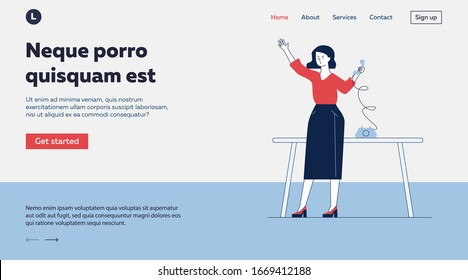 Office assistant using retro telephone. Woman calling someone to phone sitting at desk flat vector illustration. Communication, office concept for banner, website design or landing web page
