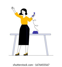 Office assistant using retro telephone. Woman calling someone to phone sitting at desk flat vector illustration. Communication, office concept for banner, website design or landing web page