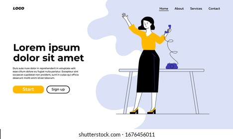 Office assistant using retro telephone. Woman calling someone to phone sitting at desk flat vector illustration. Communication, office concept for banner, website design or landing web page