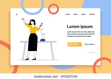 Office assistant using retro telephone. Woman calling someone to phone sitting at desk flat vector illustration. Communication, office concept for banner, website design or landing web page
