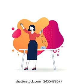 Office assistant using retro telephone. Woman calling someone to phone sitting at desk flat vector illustration. Communication, office concept for banner, website design or landing web page