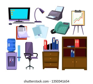 Office attributes illustration set. Computer, telephone, chair. Office concept. Can be used for topics like business, stationery, equipment