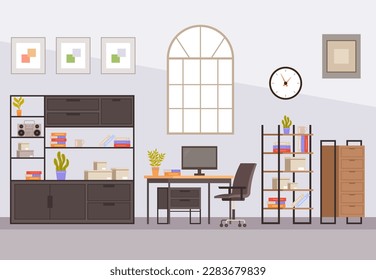Office background interior desk space workspace concept. Vector graphic design illustration