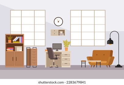 Office background interior desk space workspace concept. Vector graphic design illustration