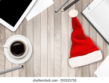 Office Background with Santa Hat, Tablet and Office Supplies. Business Concept. Vector.