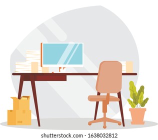 Office background work space room compurer interior desk table monoblock chear