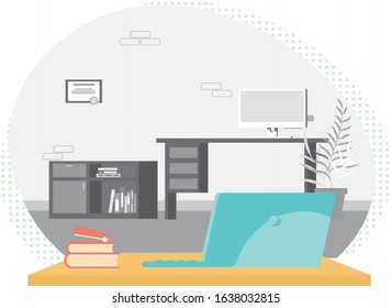 Office background work space room compurer interior desk table chear laptop